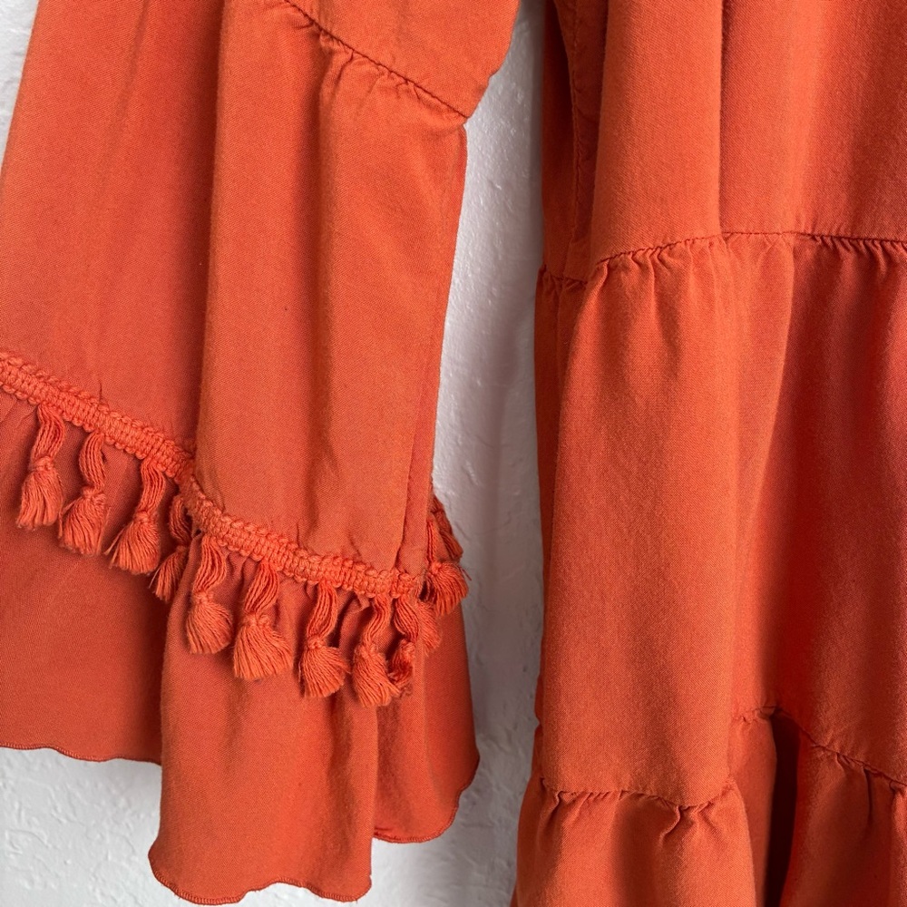 Melissa Paige Boho Peasant Top Womens XL Bell Sleeves Tassel Tie Pom Poms Comfy - Picture 6 of 9